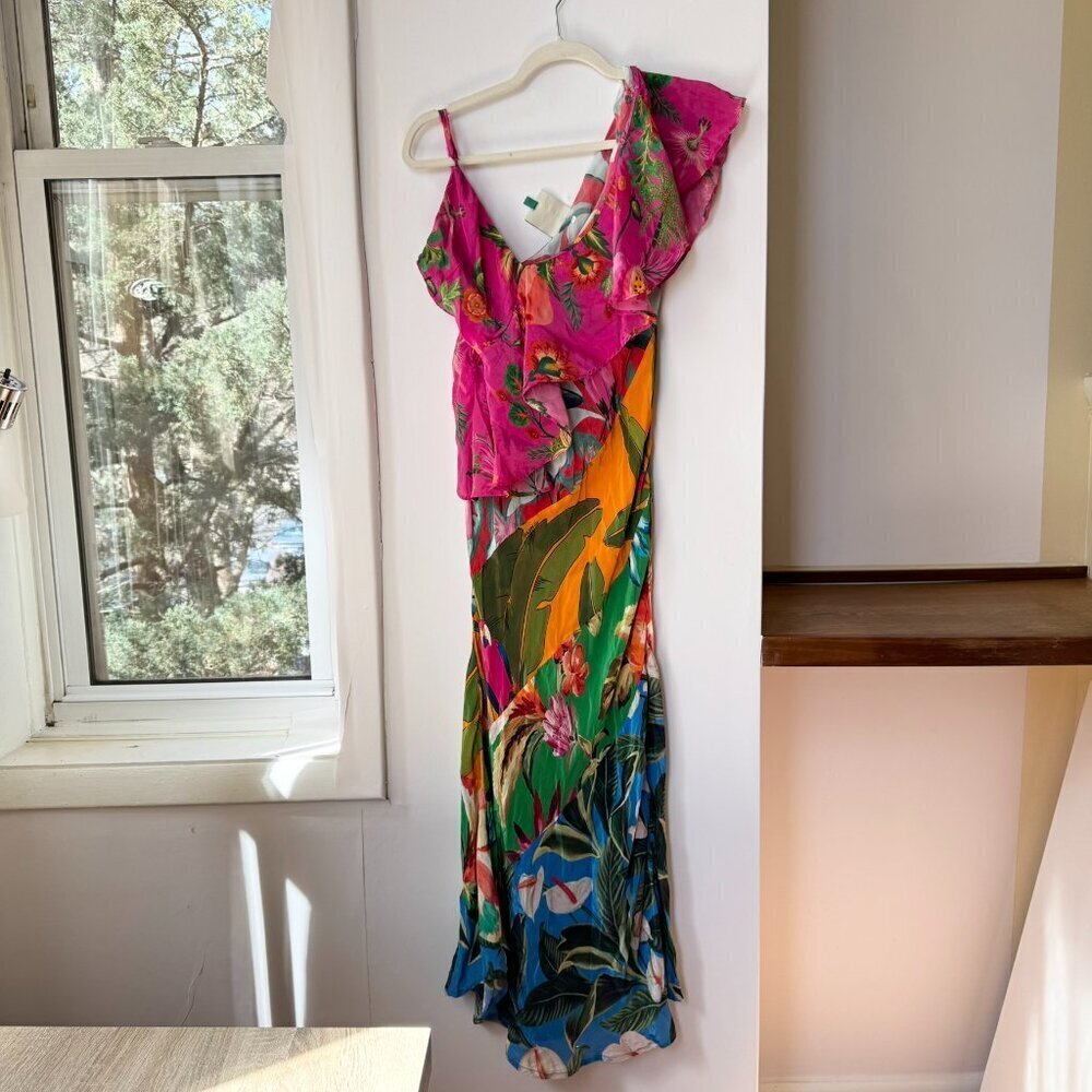 Farm Rio Mixed Flowery Ruffle One Shoulder Midi Dress Tropical Floral Medium - Picture 14 of 17